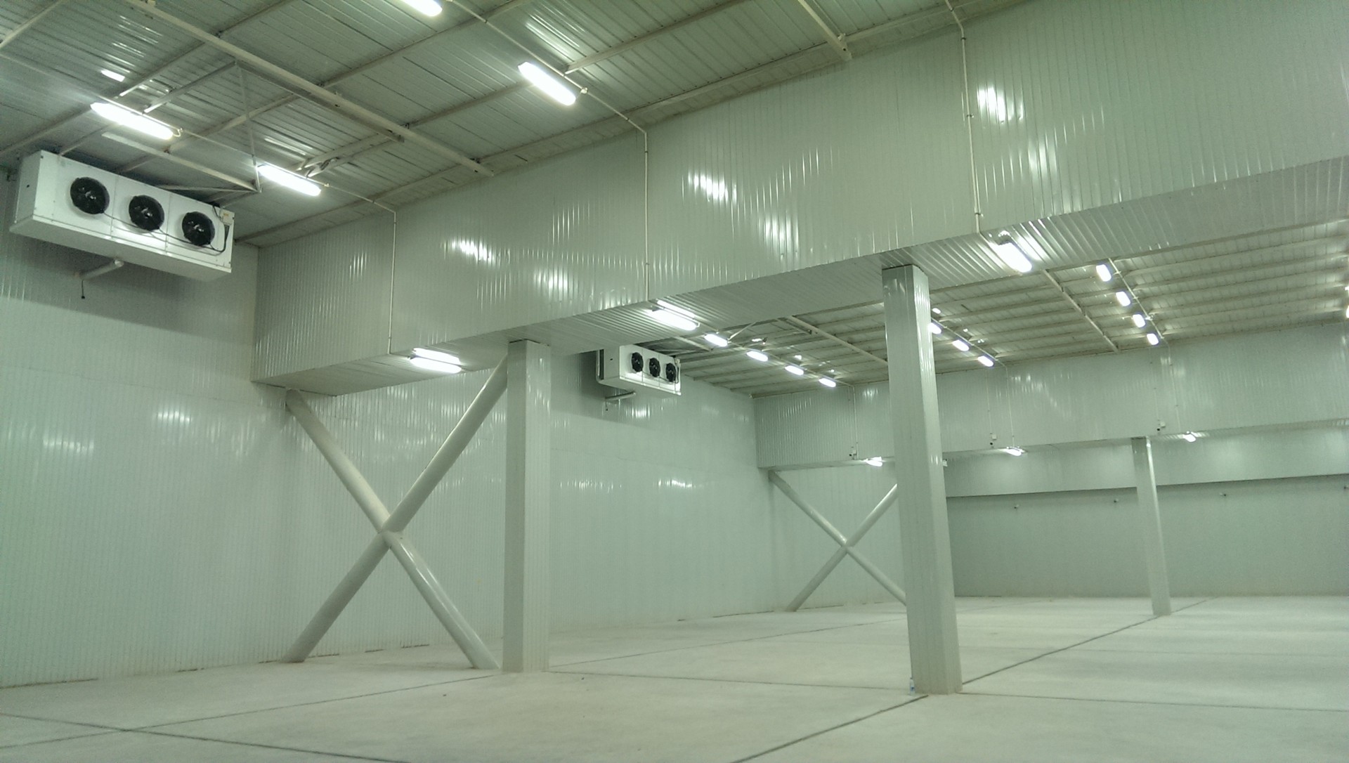 Cold room interior with ceiling-mounted refrigeration equipment